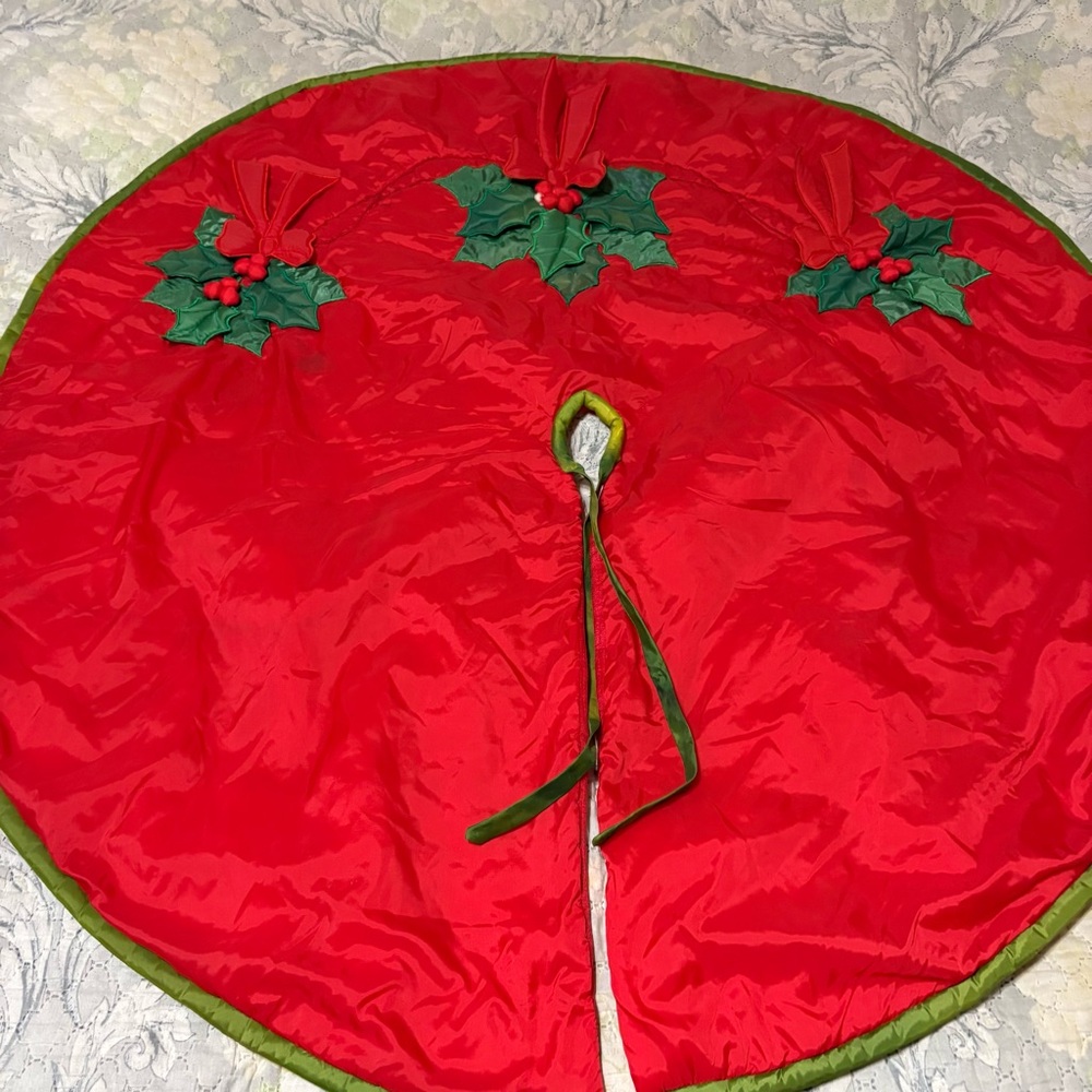 Red Christmas Tree Skirt with Holly Accents
